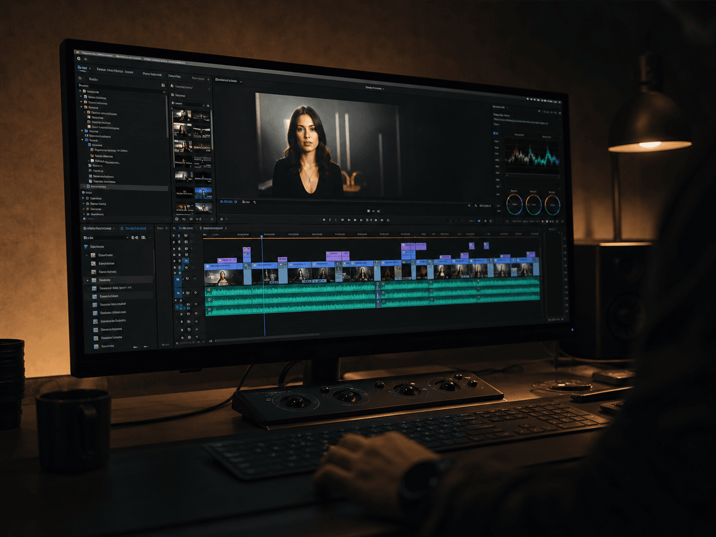 Timeline video editing pada layar laptop